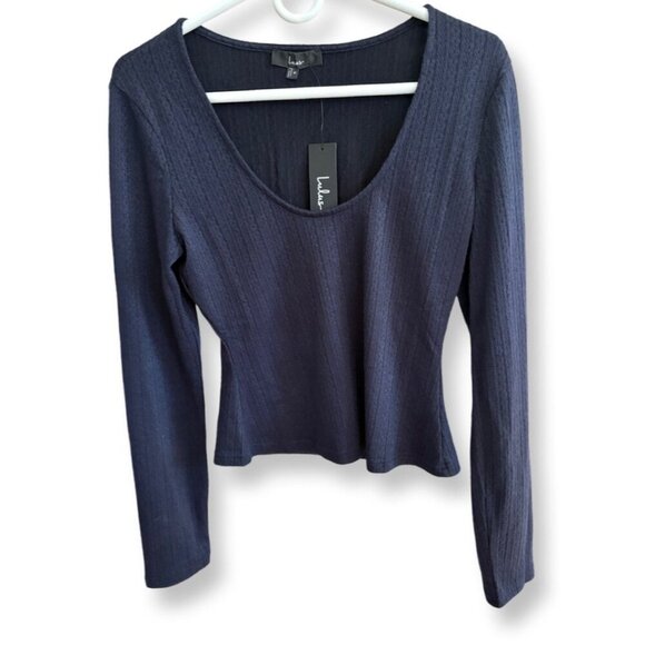 Lulus NWT Simple Adoration Pointelle Scoop Neck Sweater in Navy Blue Size Medium - Picture 2 of 12